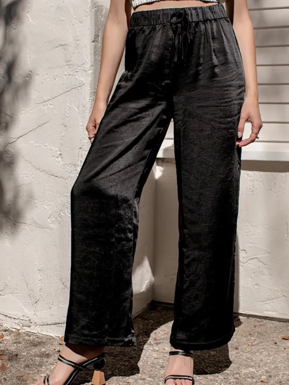 4th+Reckless Black Satin Wide-Leg Drawstring Pants